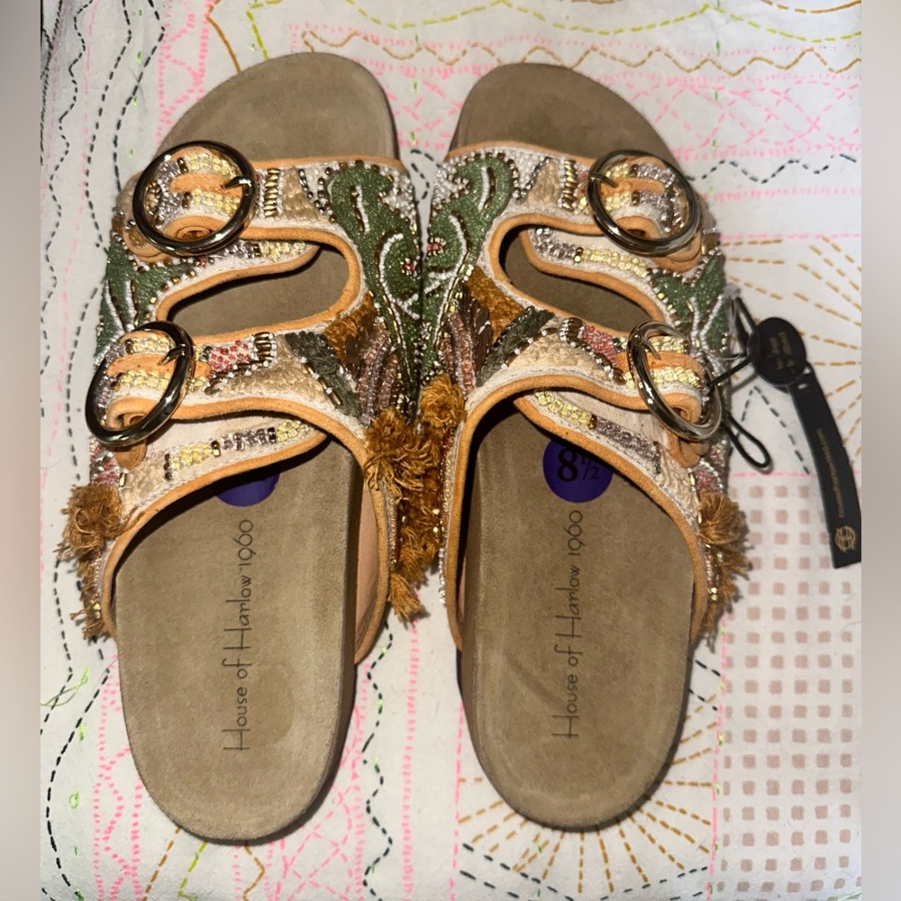 NWT House of Harlow Slides 1960 Beaded Leaf Leather Buckle Sandals
